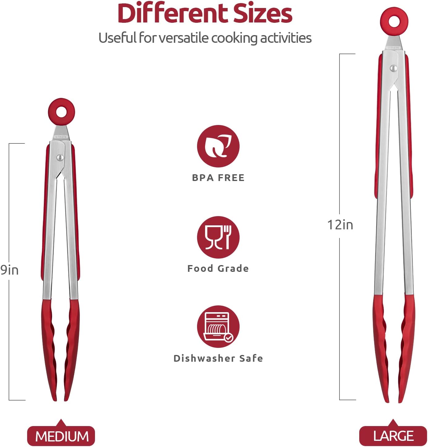 600ºF Heat Resistant Kitchen Tongs: U-Taste 9+12 inch Silicone Cooking Tong Set with Firm Sealed Non Stick Rubber Tips and Silicon Coated 18/8 Stainless Steel Handle for Serving Grilling Salad(Red)