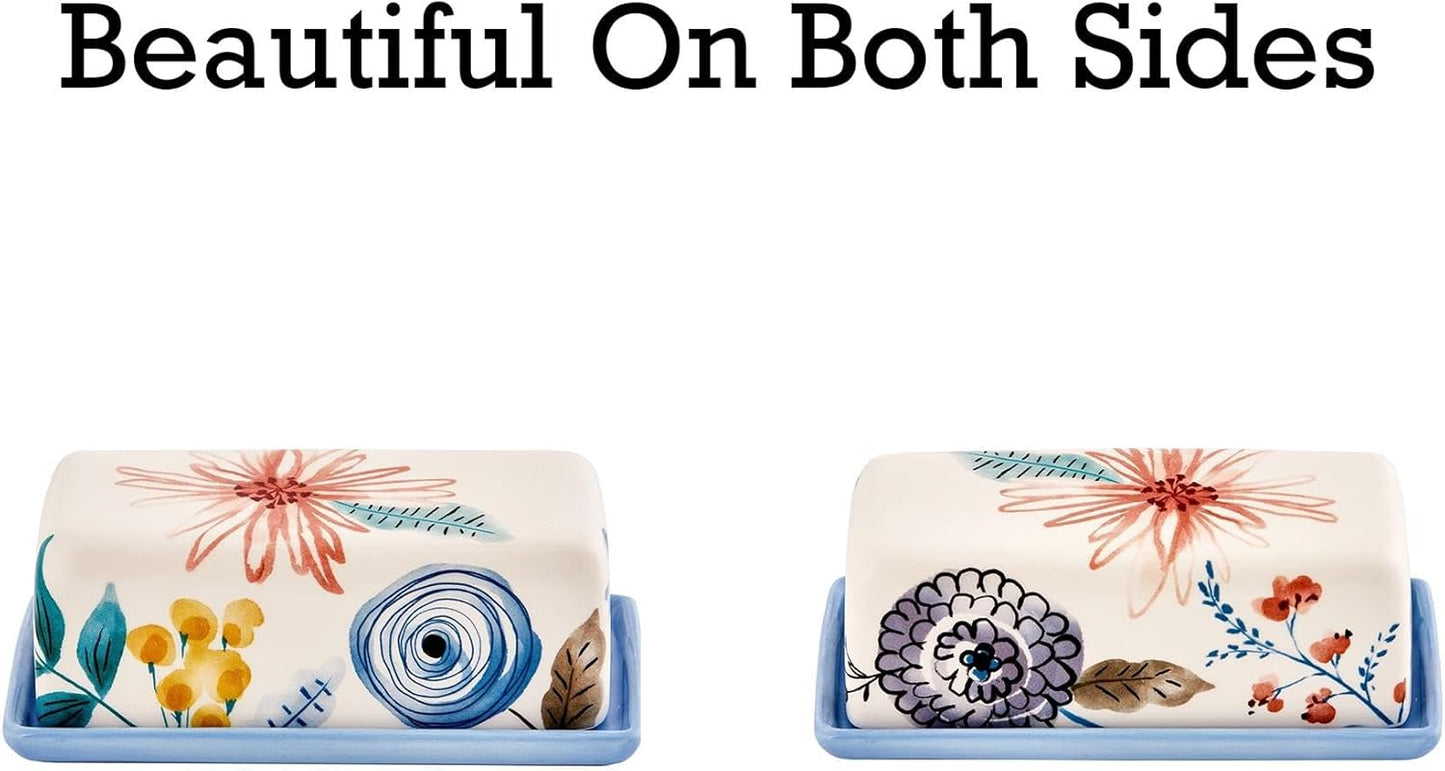 Bico Blossom Symphony Ceramic Butter Dish with Lid, Wide Butter Keeper for Counter, Kitchen Countertop, Microwave and Dishwasher Safe