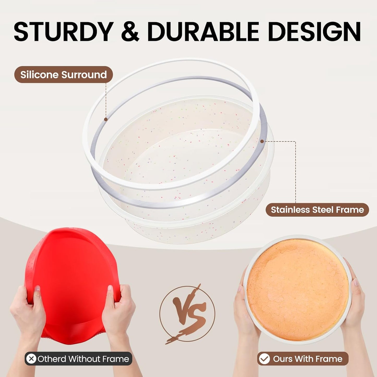 Vinino 6 Inch Silicone Round Cake Pan with Metal Reinforced Frame Set of 2, Nonstick Silicone Springform Pan for Baking Suitable for Making Layers, Cheese & Chocolate Cakes