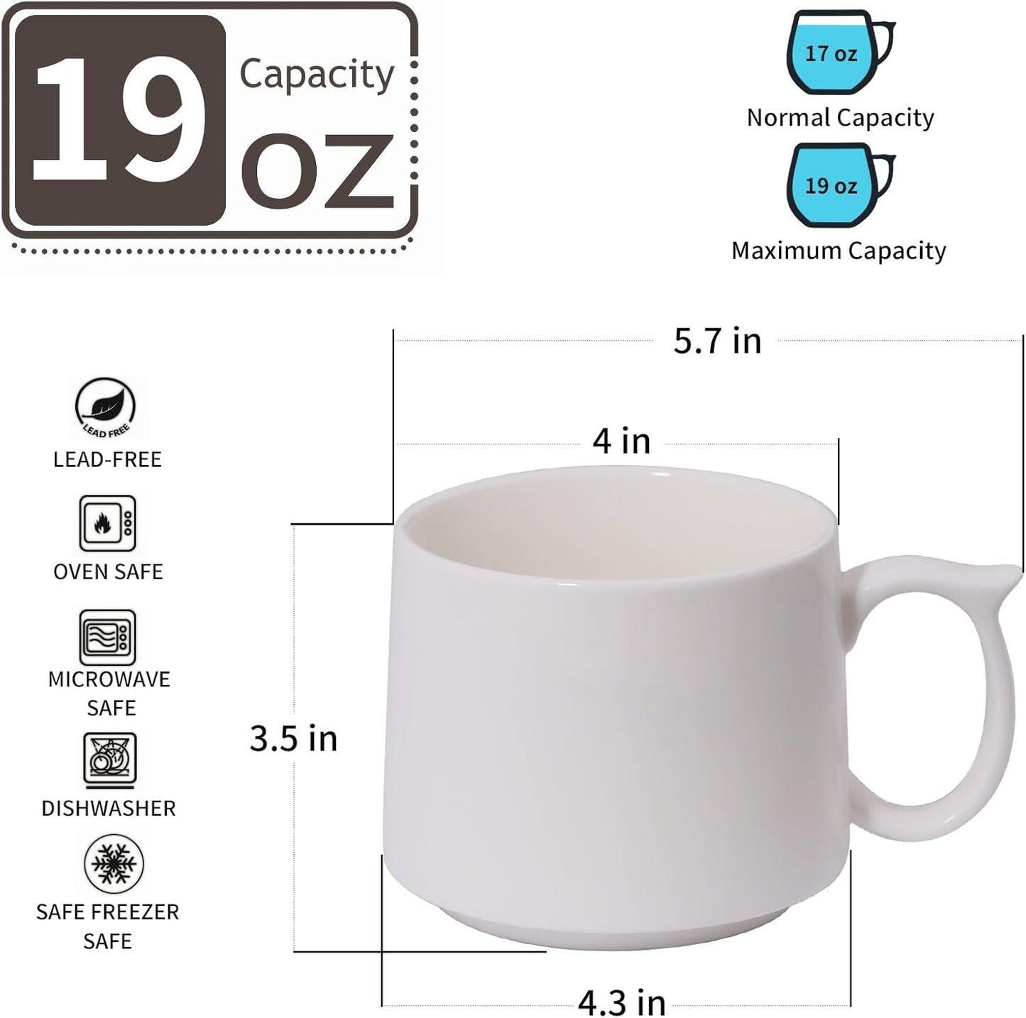 19 oz Large Coffee Mugs Set of 4, Stackable Ceramic Coffee Mugs with Large Handles for Coffee, Latte, Cappuccino, Milk, Dishwasher & Microwave Safe, Ideal for Men, Women, Dads (Multicolor)