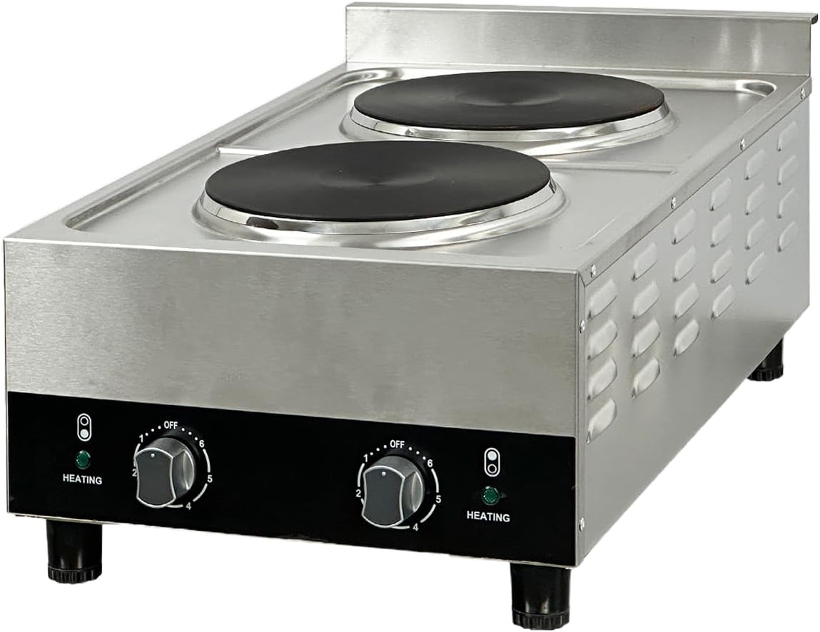 Commercial Double Hot Plate, 3600W Electric Burner, 9-inch Cast Iron Plates, 6 Heat Settings, Stainless Steel Construction FG-02A ETL
