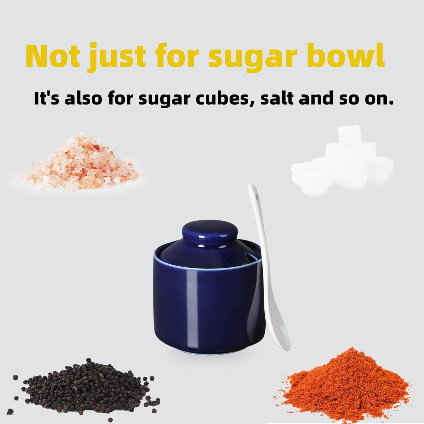 ONTUBE Ceramic Sugar Bowl with Lid and Spoon,Porcelain Seasoning Box Salt Bowl,8oz (Navy)