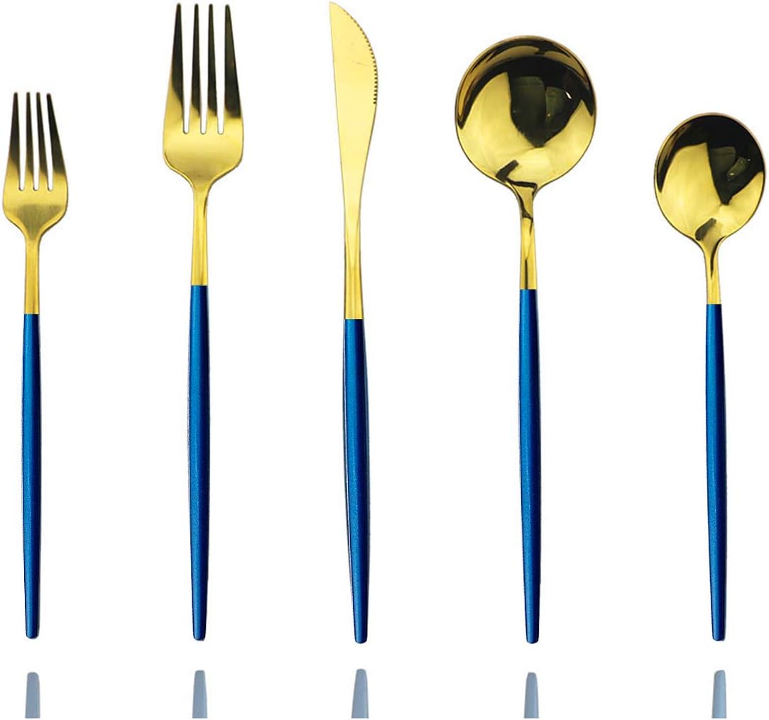 JASHII Blue Gold Silverware Set, 20-Piece Stainless Steel Satin Finish Flatware, Kitchen Utensils, Mirror Polished Tableware Cutlery for Home and Restaurant, Dishwasher Safe
