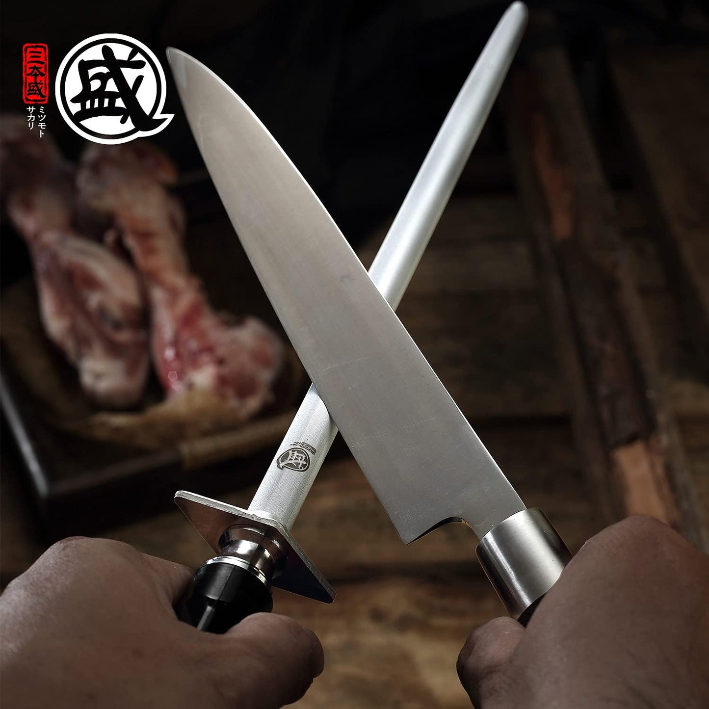 MITSUMOTO SAKARI 12 inch Japanese Honing Steel - Round Diamond Knife Sharpening Rod, Professional High Carbon Sharpener with ABS Handle & Powerful Magnet