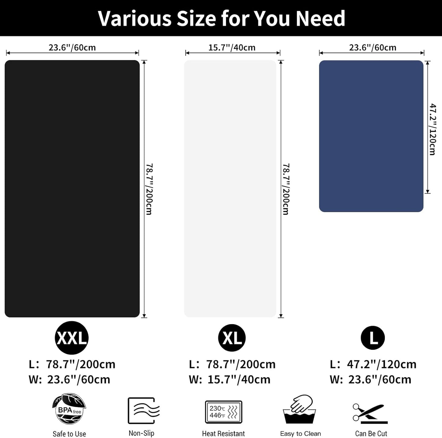 Extra Large Silicone Mat, 78.7"x 23.6" Non-Slip Heat Resistant Mats, Thicken Kitchen Countertop Protector Mat, Cuttable Waterproof Protector Mats for Kitchen Counter or Crafts (Dark Gray)