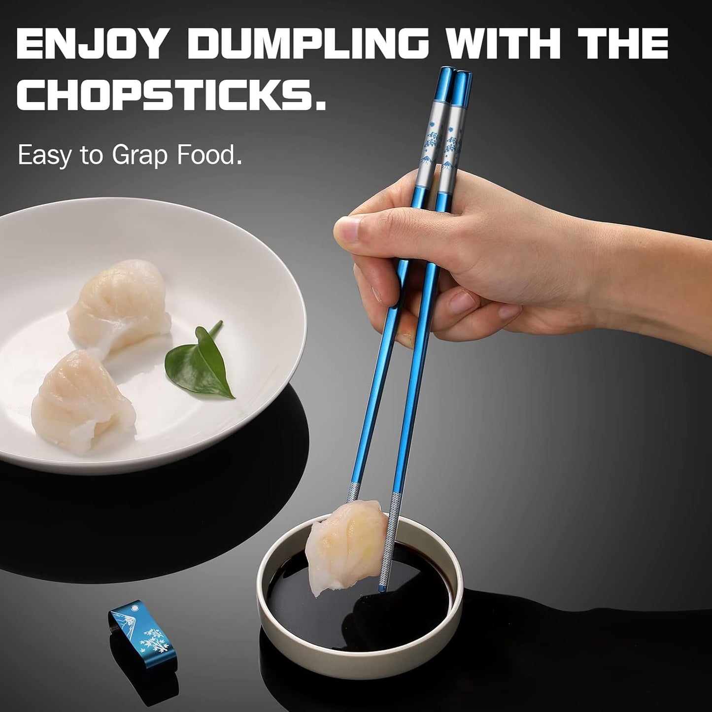 Metal Chopsticks Reusable 2 Pairs Titanium Plated 18/8 Stainless Steel Chopsticks with Holder, Dishwasher Safe Non-Slip Japanese Style Laser Engraved Chop Sticks Gift Set (Blue)