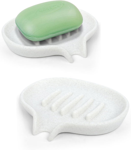 2 Pcs Soap Dish with Drain- Self Draining Bar Soap Holder for Shower, Marble Look Soap Savers Soap Tray Sponge Holder for Kitchen, Bathroom, Bathtub Sink, Crystal White