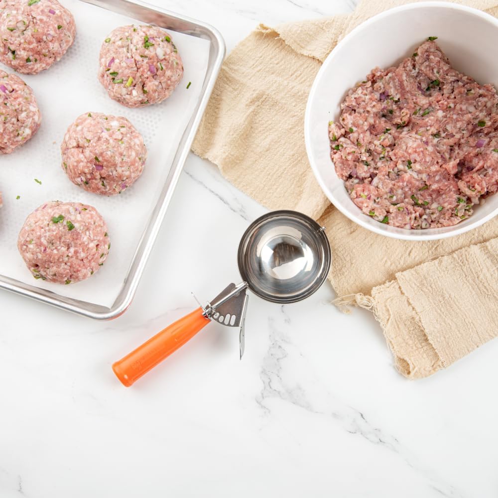 Restaurantware Met Lux 8 Ounce Portion Scoop 1 Durable Disher Scoop - Thumb Trigger Orange Stainless Steel Ice cream Disher For Portion Control For Ice Cream Mashed Potato And Cookie Batter