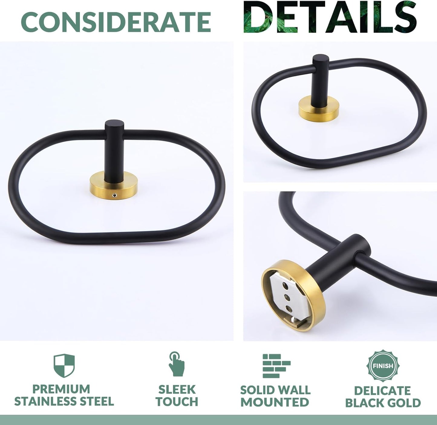 APLusee Black Gold Hand Towel Ring, Stainless Steel Hand Towel Holder for Bathroom Wall Mounted