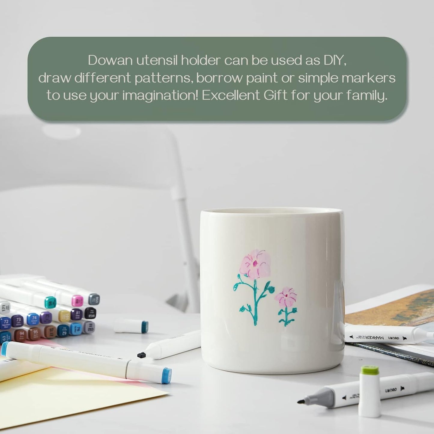 DOWAN Kitchen Utensil Holder, Utensil Holder for Countertop, Utensil Crock with Table-Protection Cork Mat, Handmade DIY Gifts, Farmhouse Kitchen Decor, Cream White