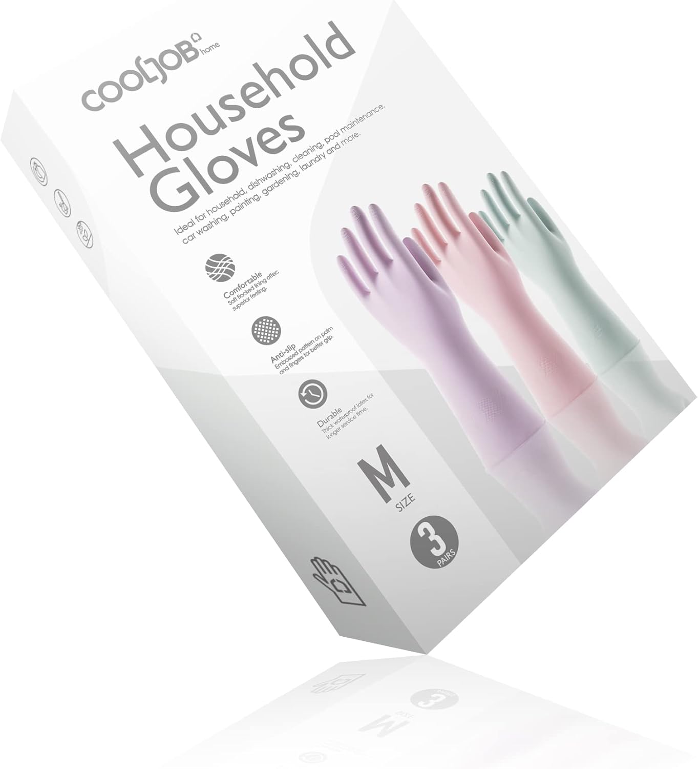 COOLJOB 3 Pairs Colorful Household Gloves with Cotton Liner & Non-slip Grip, Water Resistant Reusable Dish Washing Rubber Gloves for Kitchen & Bathroom Cleaning, Medium