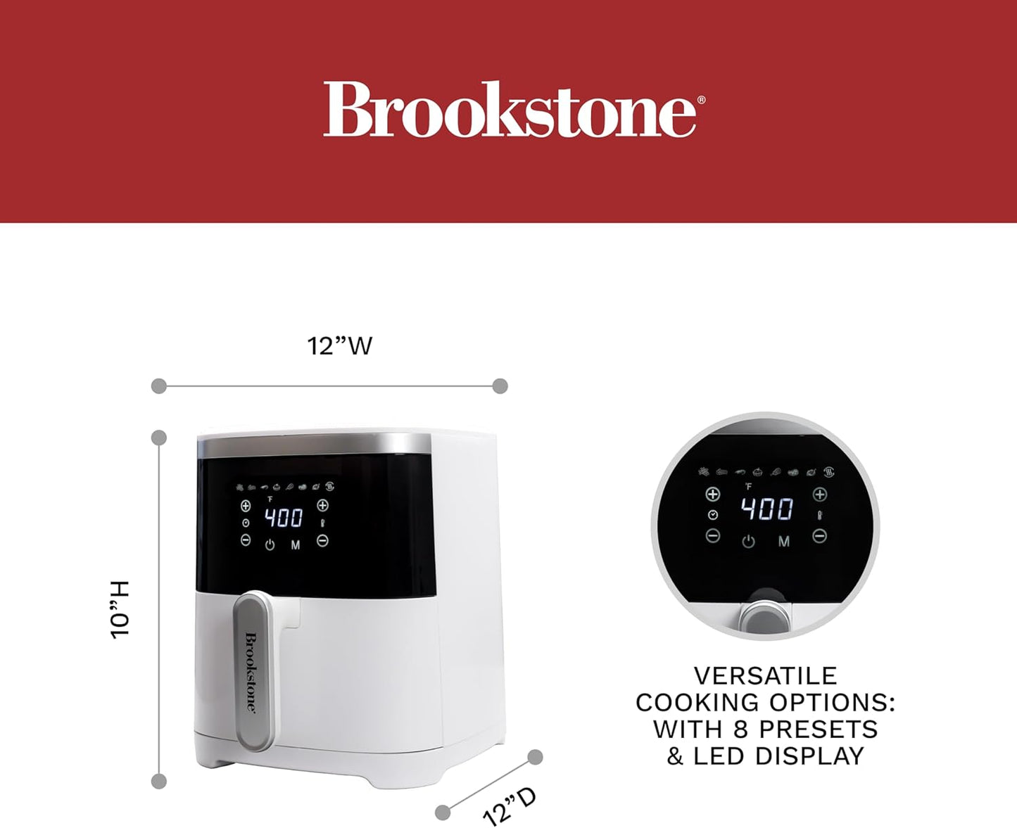 Brookstone Air Fryer – 4.5 Qt, 1300W Large Capacity Fryer with LED Display, 8 Presets, Adjustable Temp, Oil-Free Kitchen Appliance for Baking, Roasting, Frying, Healthy Crispy Meals, White