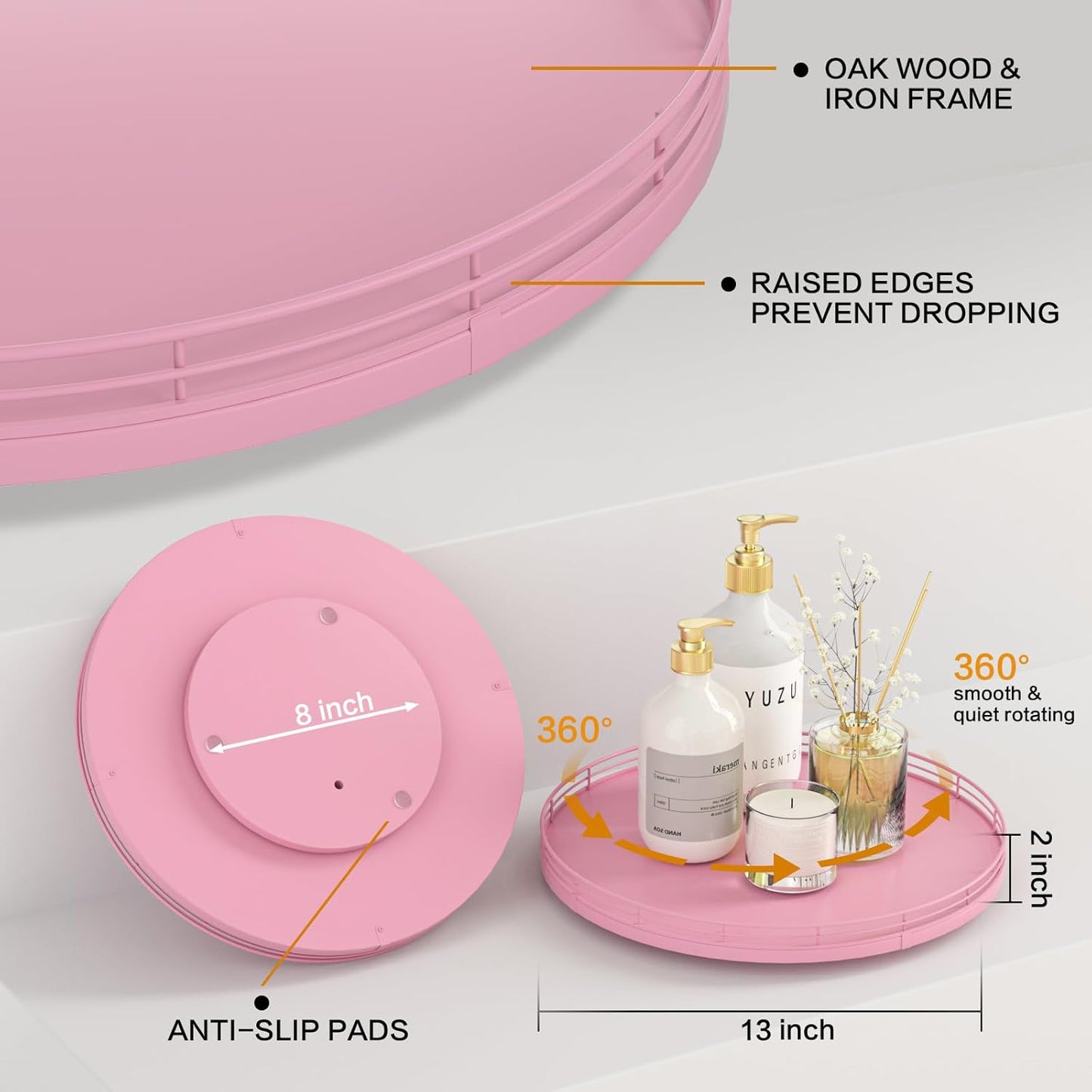 13" Oak Wood Lazy Susan Organizer, Lazy Susan for Cabinet Dining Table Pantry Wood Turntable Organizer Tray for Coffee Table Kitchen Countertop Spinning Spice Can Organization and Storage Round Pink