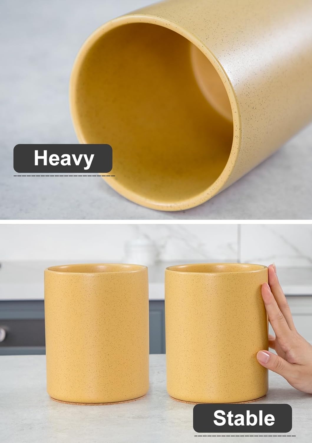 Nucookery Utensil Holder, 6.4" Ceramic Kitchen Utensil Holder for Countertop with Protection Cork Bottom, Vintage Farmhouse Kitchen Decor for Counter (Yellow Sand)