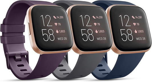 3 Pack Sport Bands Compatible with Fitbit Versa Bands, Classic Soft Sport Replacement Wristbands for Fitbit Versa 2 Smart Watch Women Men