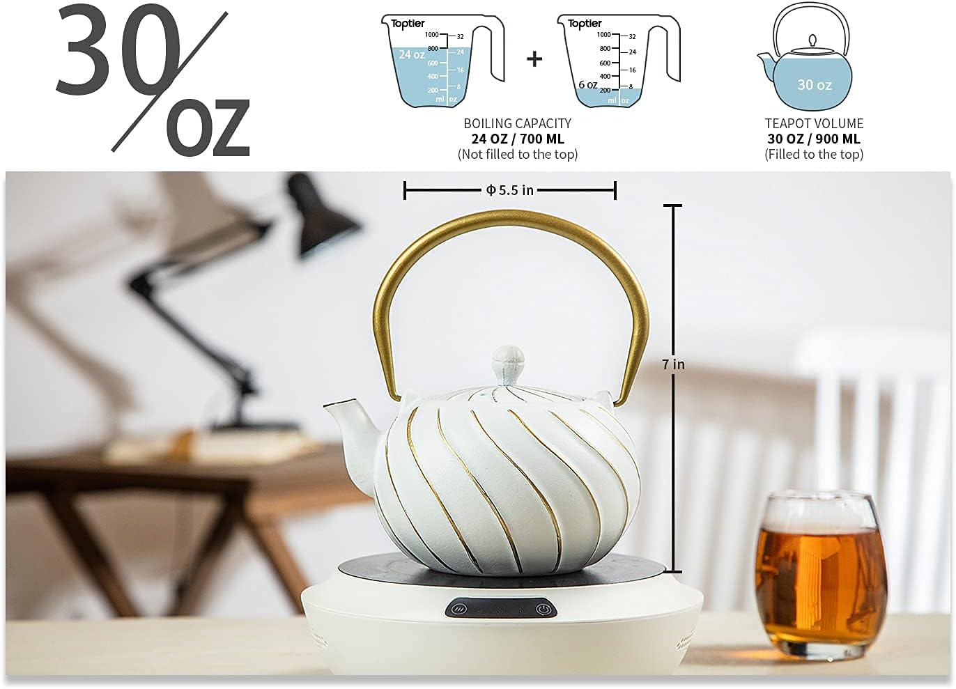 Tea Kettle, TOPTIER Japanese Cast Iron Teapot with Stainless Steel Infuser, Cast Iron Tea Kettle Stovetop Safe, Wave Design Tea Pot Coated with Enameled Interior for 30 Ounce (900 ml), White