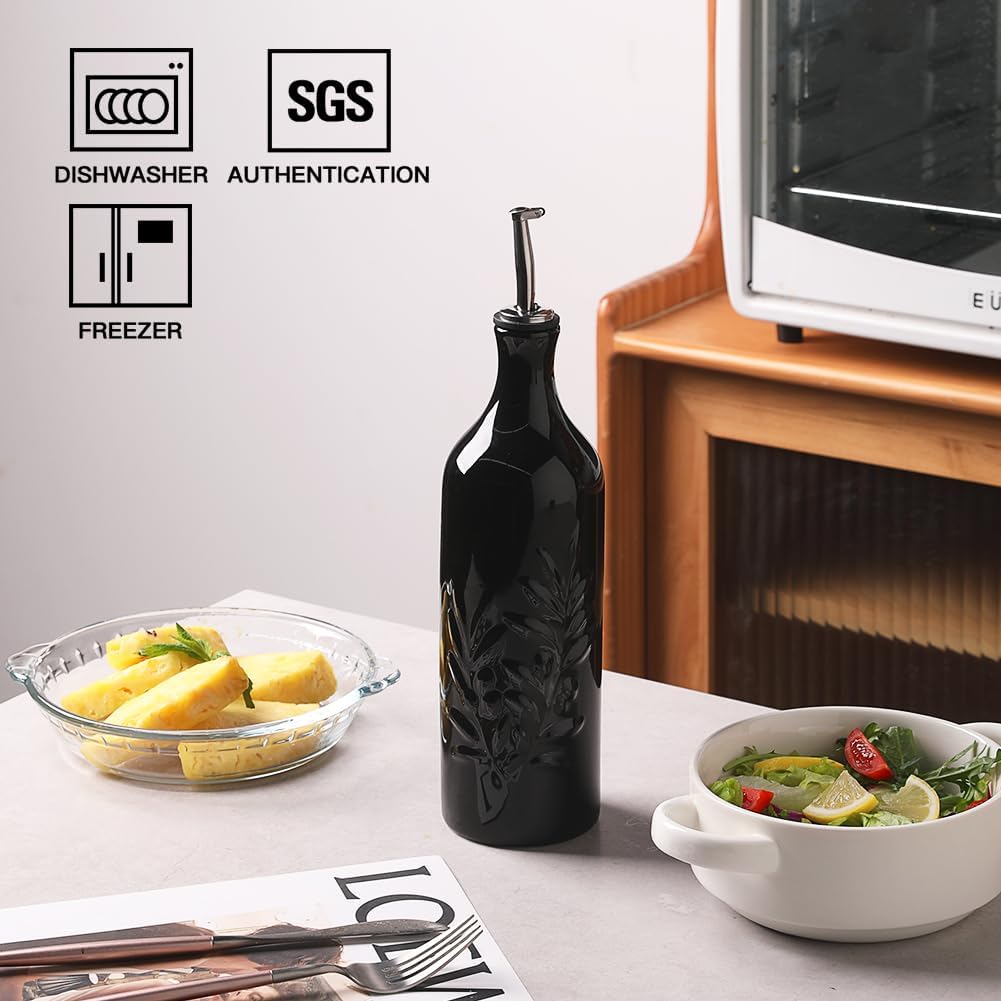 Sweejar Large Ceramic Olive Oil Dispenser Bottle, 24 Oz Relief Opaque Oil Cruet Protects Oil To Reduce Oxidation, Storage Vinegar, Soy Sauce, Coffee Syrup, Liquids, Set of 1 (Black)