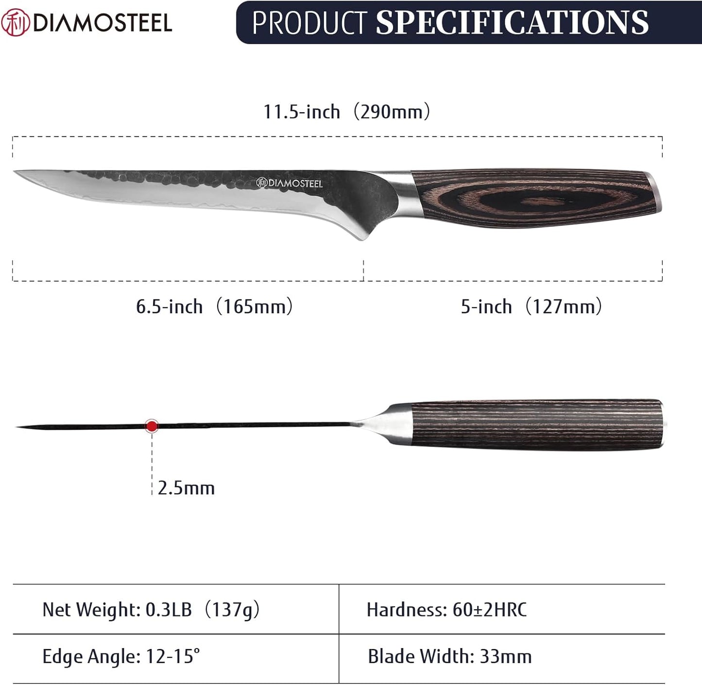 6.5-Inch Boning Knife - Sharp Fillet Knife Hammered Black Oxide Blade Japanese 9CR18MOV High Carbon Stainless Steel - Ergonomic Pakkawood Handle with Present Box