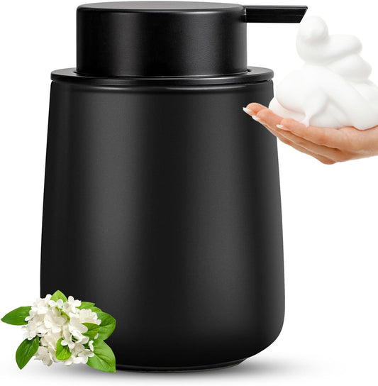 Black Foaming Soap Dispenser - Modern Ceramic Foam Hand Soap Dispenser Bathroom, 12 Oz Facial Cleanser Dispenser Bottle with Foam Pump, Refillable Wash Dish Dispenser for Kitchen