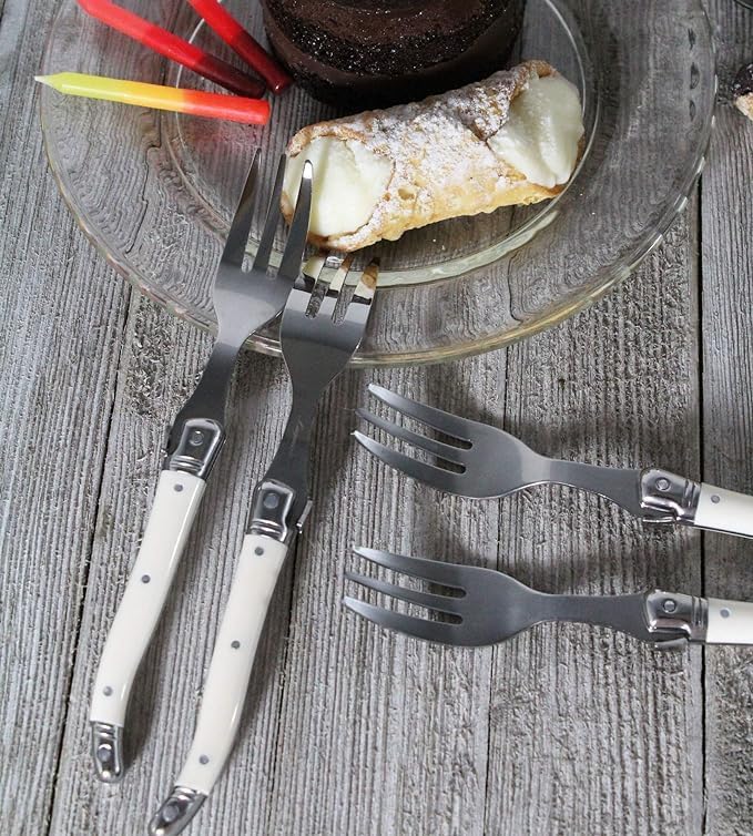 French Home Laguiole 4-Piece Cake Forks Set – Sophisticated Stainless Steel Forks with Ivory-Colored Handles – Laguiole Flatware Set for Cake, Fruit, or Appetizers (6.75")