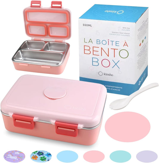Stainless Steel Lunch Box for Baby Toddlers Girls, Mini Bento, 3 Eco Metal Portion Sections Leakproof Lid, Pre-School Daycare Lunches, Toddler Kids Spill-Proof Snack Container, 18 oz/550 mL Pink
