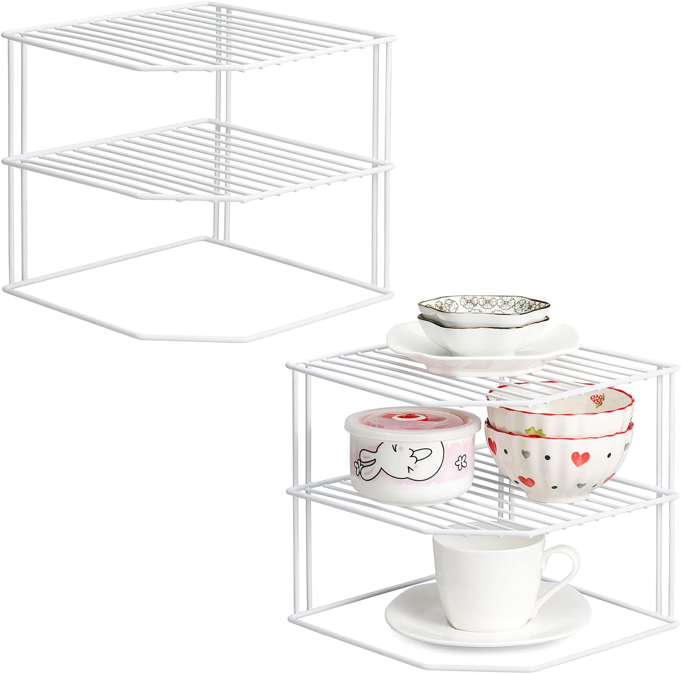 ROFAY Kitchen Cupboard Organiser, 3 Tier White Corner Plate Rack for Kitchen Cupboard Storage - Cupboard Shelf Insert Organiser (Pack of 2)