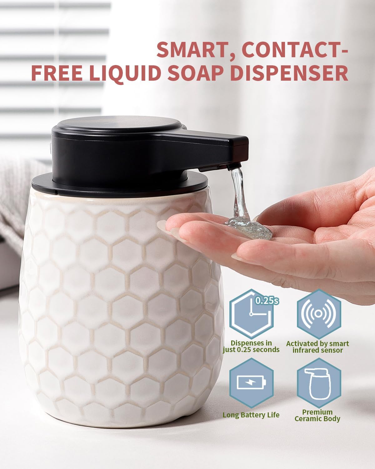 Automatic Soap Dispenser, Touchless Liquid Dish Soap Dispenser 13OZ/384ml, Ceramic White Dispenser Bathroom Kitchen, Waterproof, USB C Rechargeable, ANTIS'S HOME