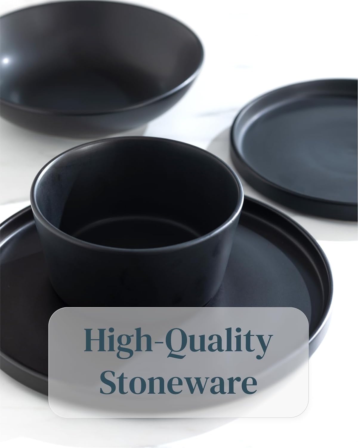 Matte Black Dinnerware Set - 32-Piece Stoneware Set for 8 People - Dishwasher & Microwave Safe - Black Matte