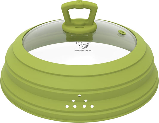 Microwave Splatter Cover Vented Glass Splatter Guard Lid with Collapsible Silicone for Food as Pot Cover 11.8 inch Large Plate for 6 7 8 9 10 11 inch Plate Bowl