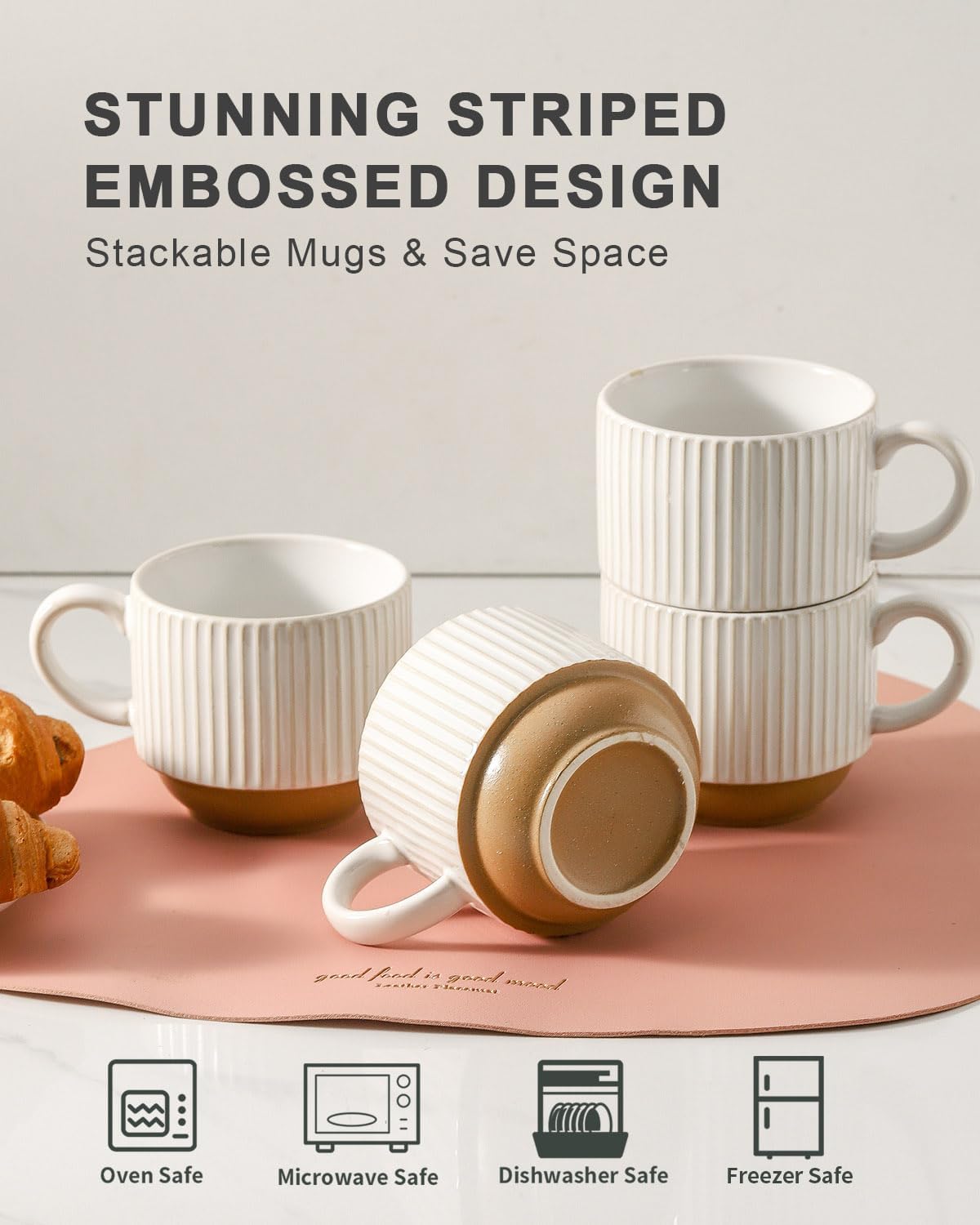 Hasense 15oz Coffee Mug Set of 4 - Stackable Ceramic Mugs with Holder - White & Light Brown Coffe Cups Set for Cappuccino, Tea, Hot Cocoa, Drinks - Wedding & Housewarming Gifts, Everyday Use