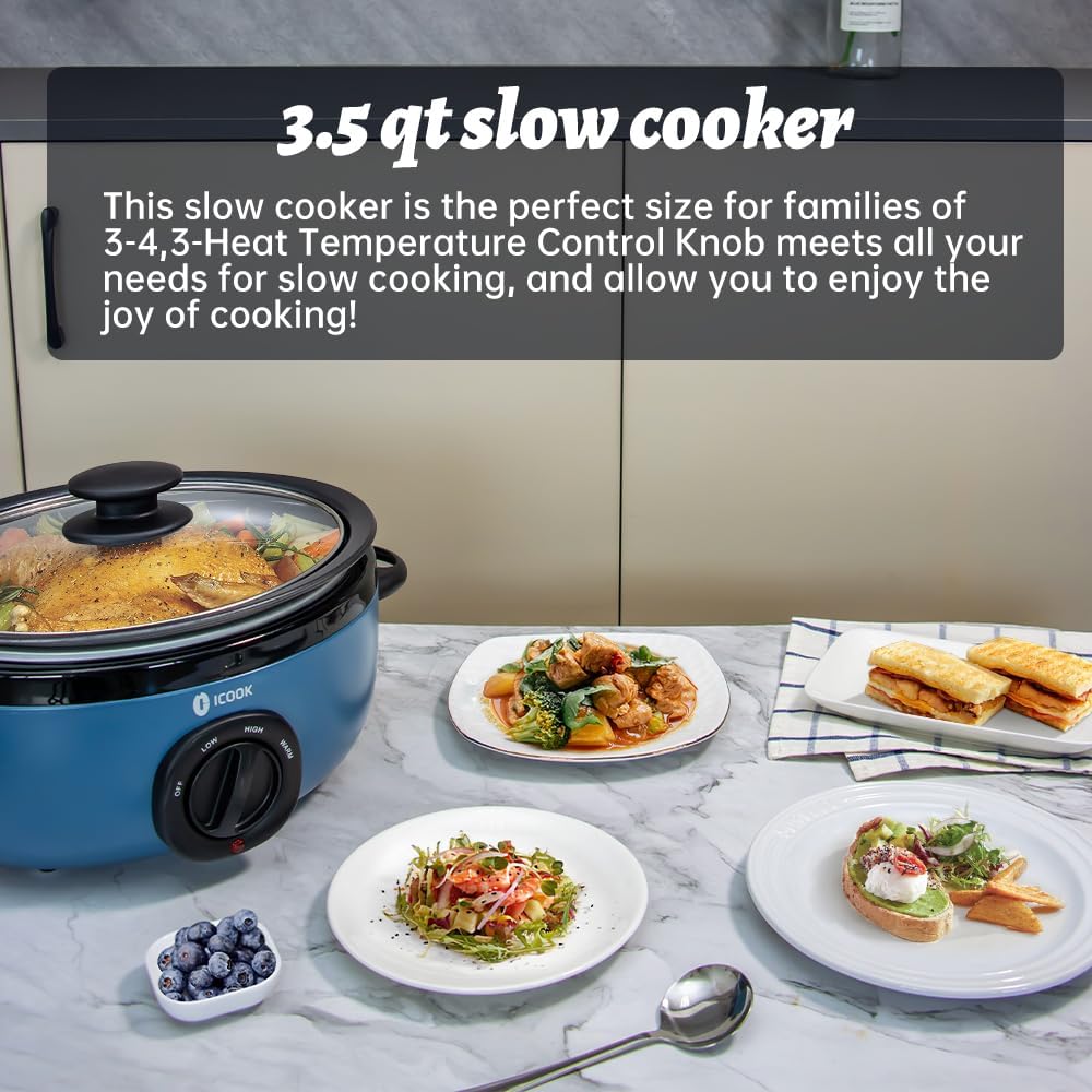ICOOK USC-35-OP001BL 3.5 Quart Slow Cooker,Aluminium Sear/Sauté Stew Pot Stovetop safe,Dishwasher Safe,Glass Lid,Adjustable Temp,Food Warmer,Blue