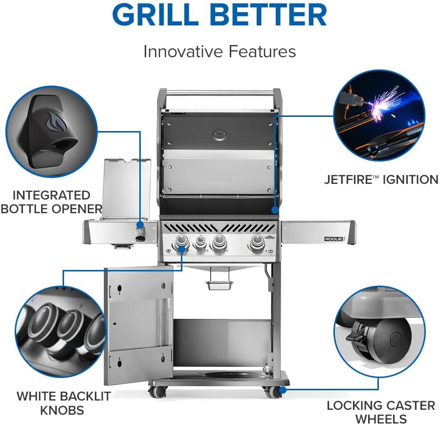 Napoleon Rogue PRO 425 Natural Gas Grill with Infrared Side Burner, Stainless Steel, Durable 4-Burner Gas BBQ
