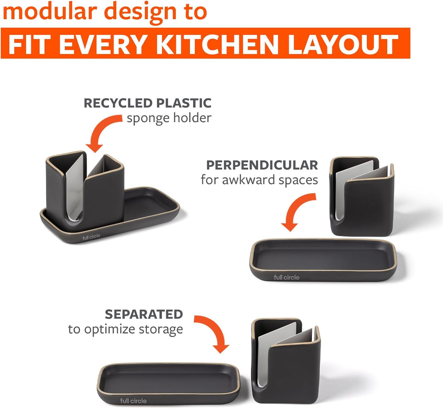 Full Circle Stash, Ceramic Kitchen Sink Caddy, Stylish Modular Sponge Holder & Dish Brush Organizer, Gray and White, 11"