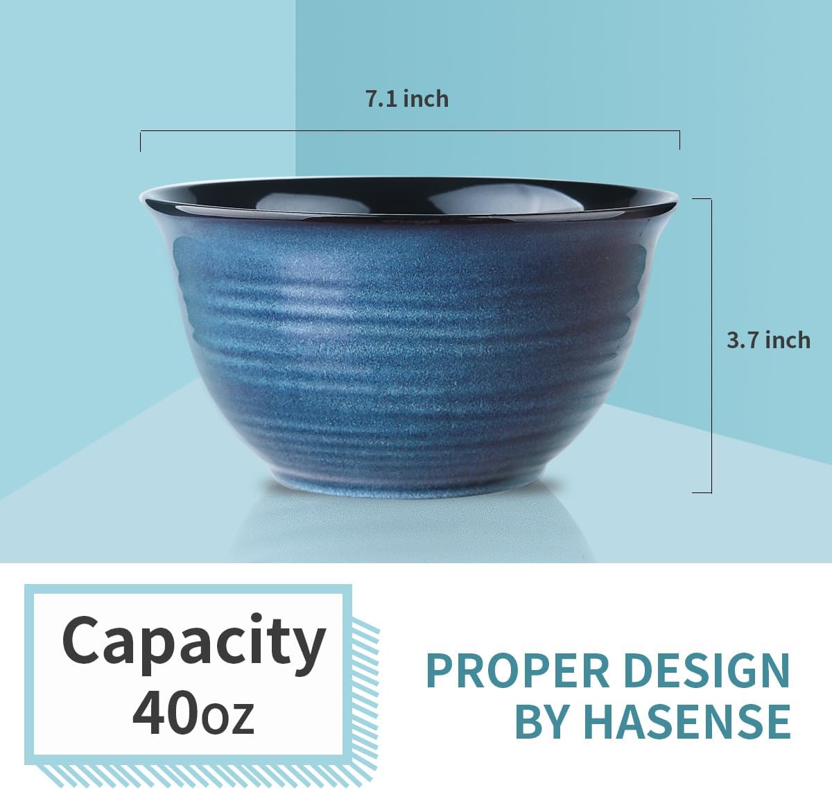 Hasense Ceramic Soup Bowls Set of 4, 40 Ounce Large Cereal Bowls for Kitchen, 7 Inch Serving Bowls for Salad Pasta Ramen Pho Popcorn, Dishwasher Microwave Safe, Navy Blue