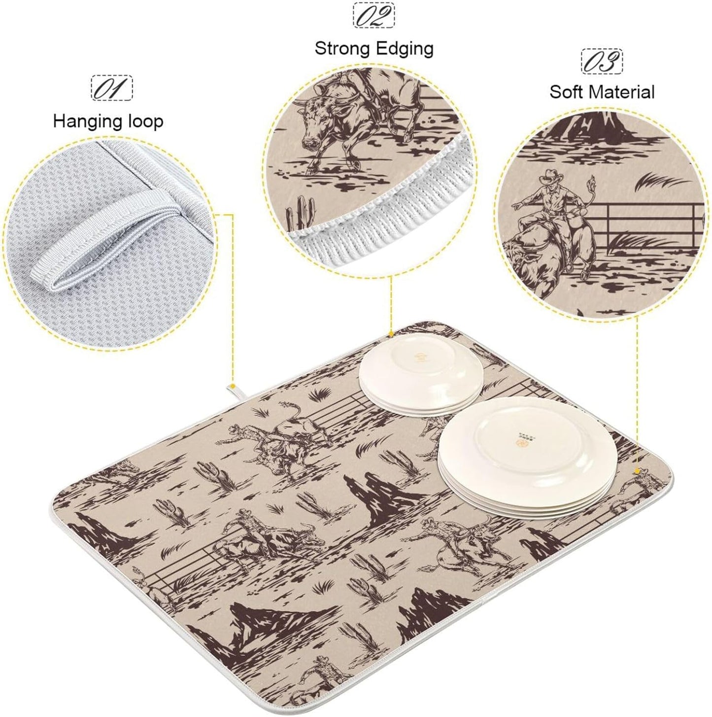 West Cactus Cowboy Dish Drying Mat for Kitchen Counter Absorbent Microfiber Drying Pad, Large 18x24 in, Reversible Drainer Mats