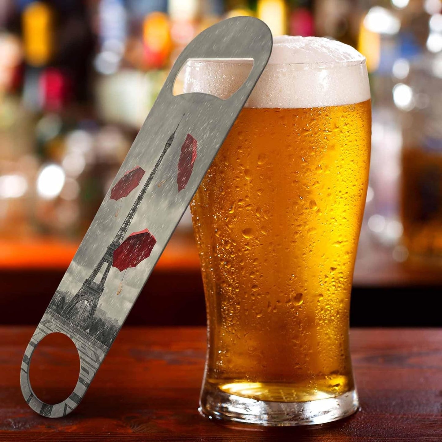 Eiffel Tower Stainless Steel Bottle Opener Raining Day Red Umbrella Black and White Street Romantic Scenic Flat Beer Bottle Opener Keychain for Home Kitchen Bar Restaurant Party Birthday Gift