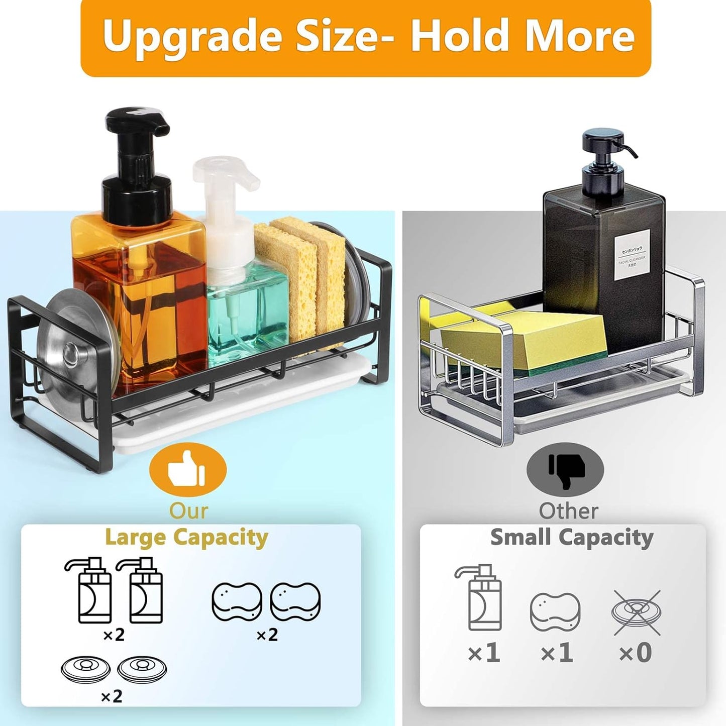 FANGSUN Large Sponge Holder for Kitchen Sink, 304 Stainless Steel Sink Caddy Organizer with Removable Drip Tray, Countertop Dish Soap Holder, Not Include Soap Dispenser, Black