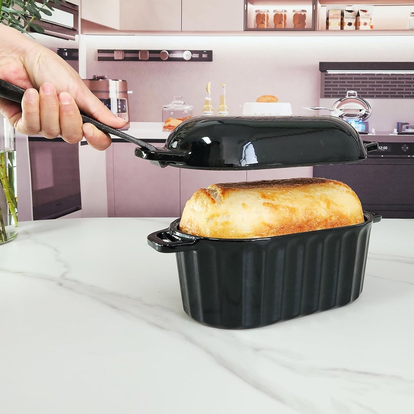 Dutch Oven Enameled Cast Iron Bread Pan with Lid Sourdough Loaf Pans for Baking Bread Large Heavy Oval Bread Dutch Oven with Movable Handle 4 Qt Black Dishwasher Safe