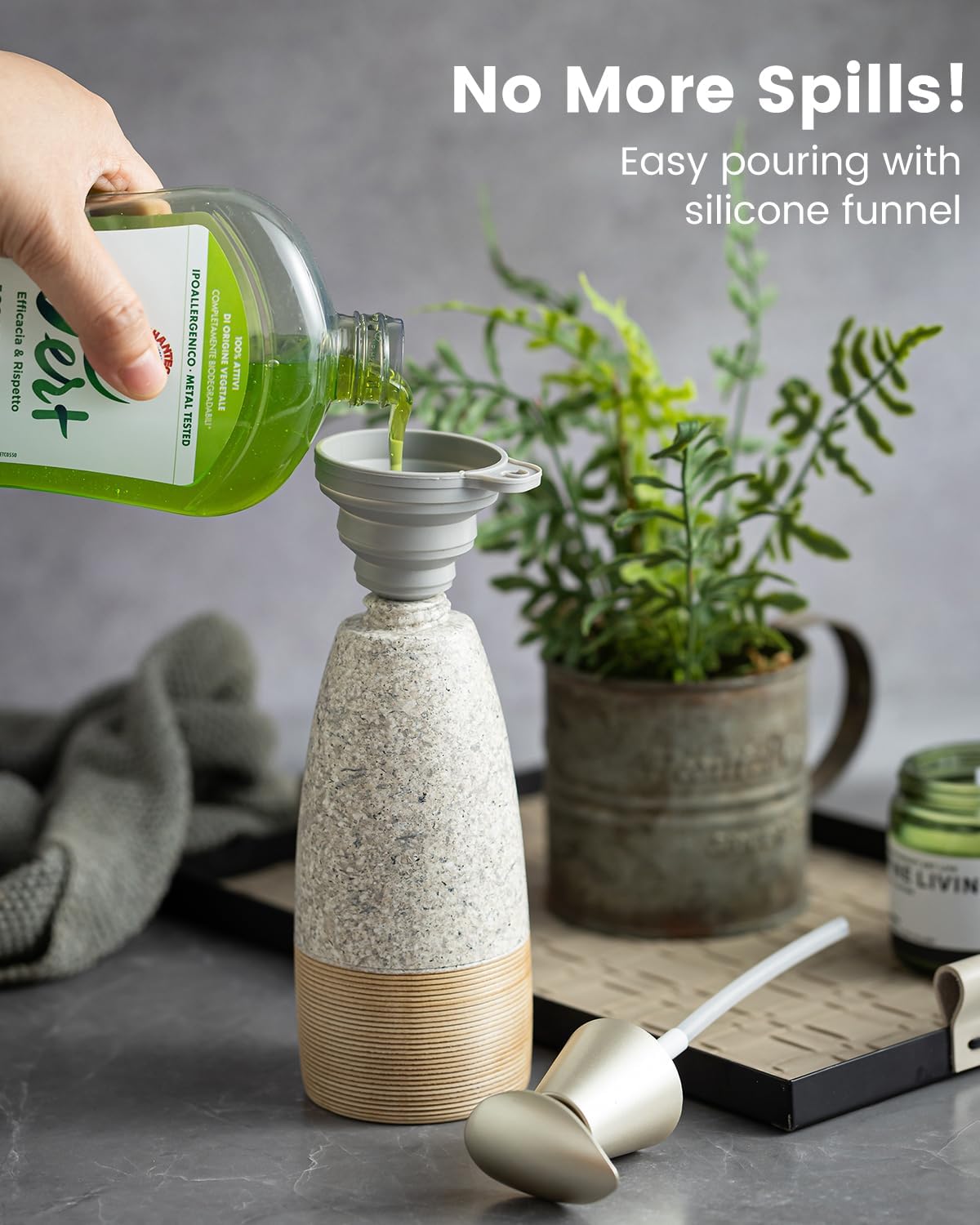 Ceramic Soap Dispenser with 2 Pumps, 12 oz Refillable Liquid Hand Soap Dispenser for Shampoo, Bathroom & Kitchen, Includes Silicone Funnel, Plastic and Stainless Steel Pump, Granite Grey