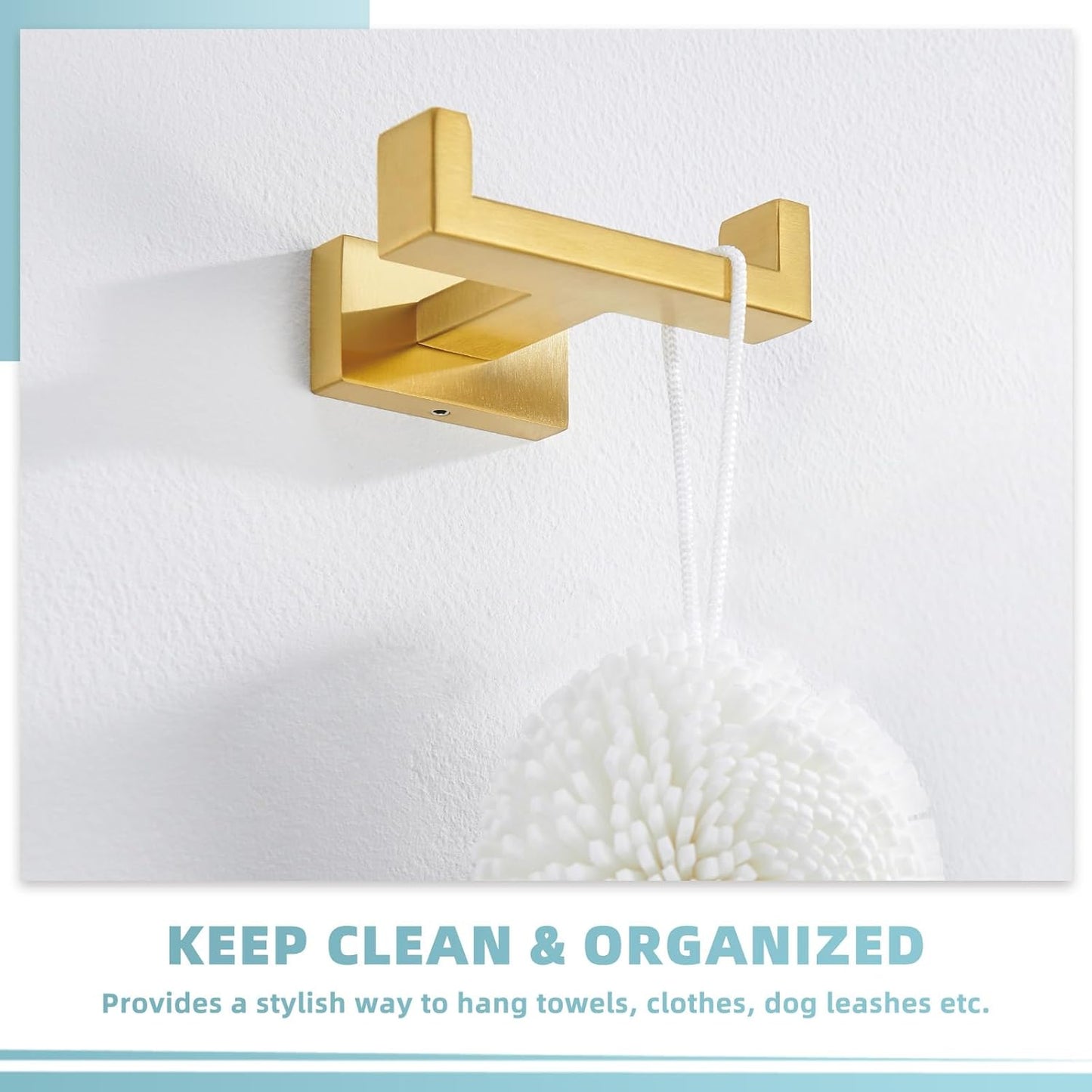 Suyar Double Towel Hook Brushed Gold, SUS304 Stainless Steel Square Coat Robe Holder, Bathroom Kitchen Towel Hanger, Wall Mounted