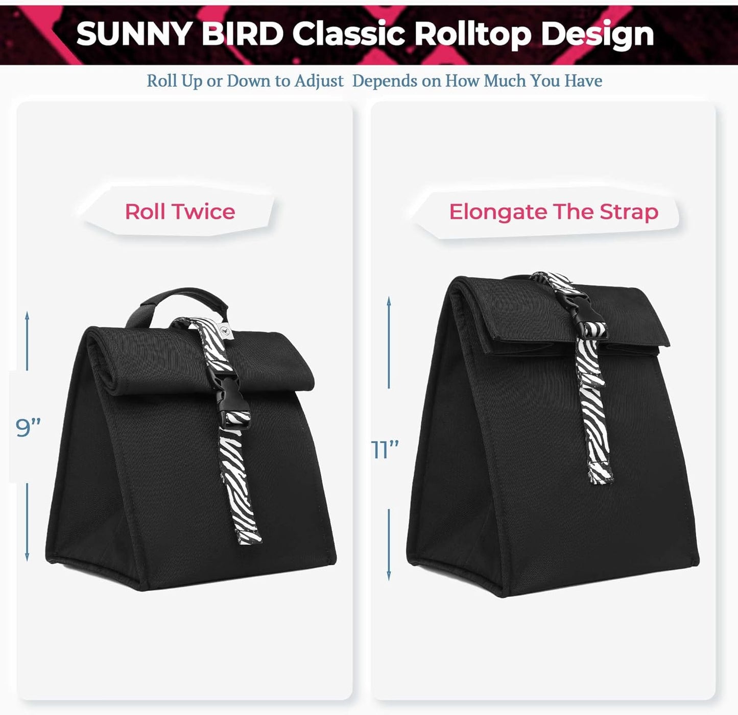 SUNNY BIRD Insulated Lunch Bag Rolltop Lunch Box Tote Bag for Women, Men, Adults and Teens (Black with white strap)