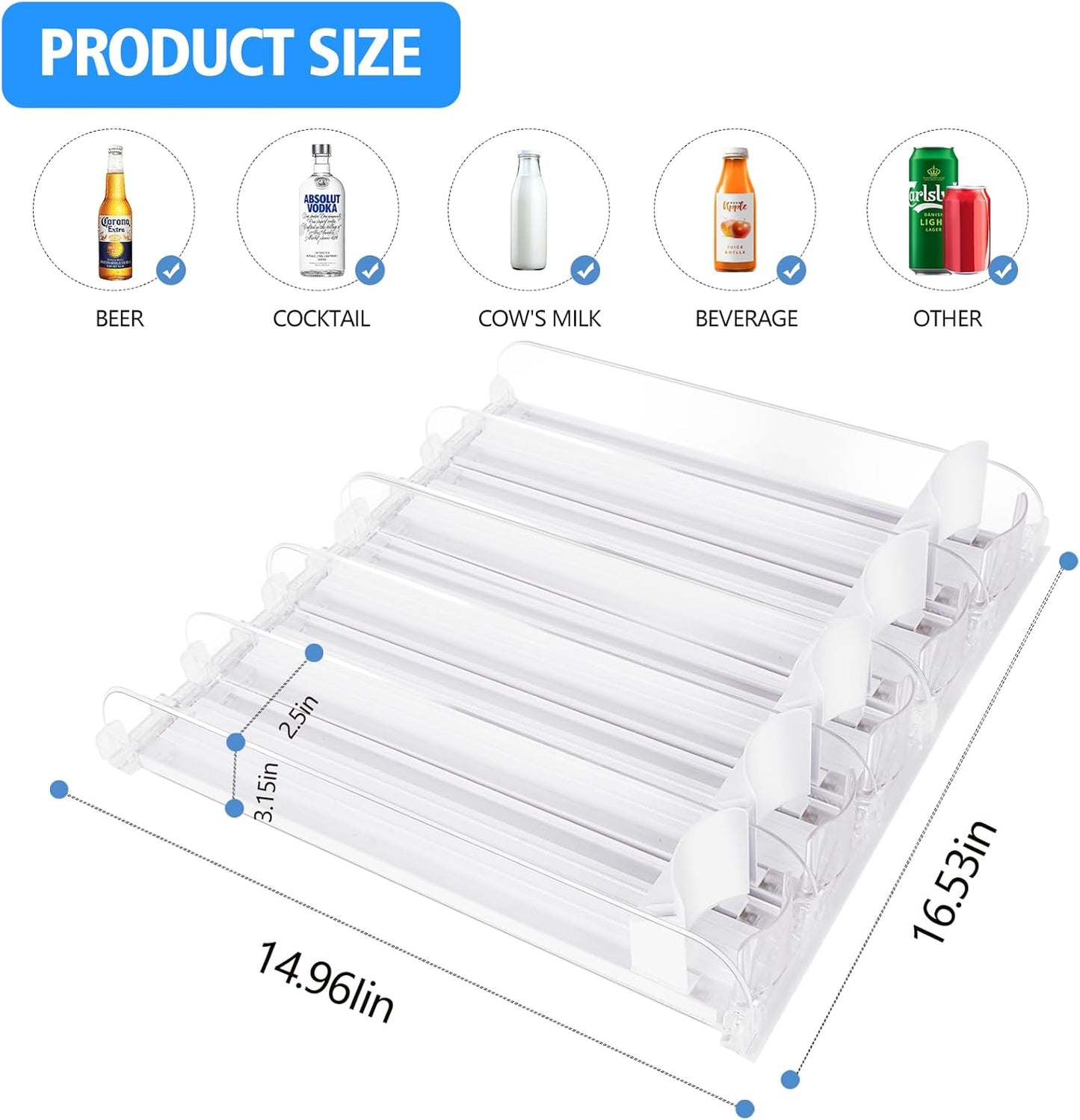 SOLY Drink Organizer for Fridge,Fridge Drink Dispenser for Fridge Automatic Pusher Glide,For Refrigerator Organizing Holds up to 14.96" D, Adjustable for 6-20oz