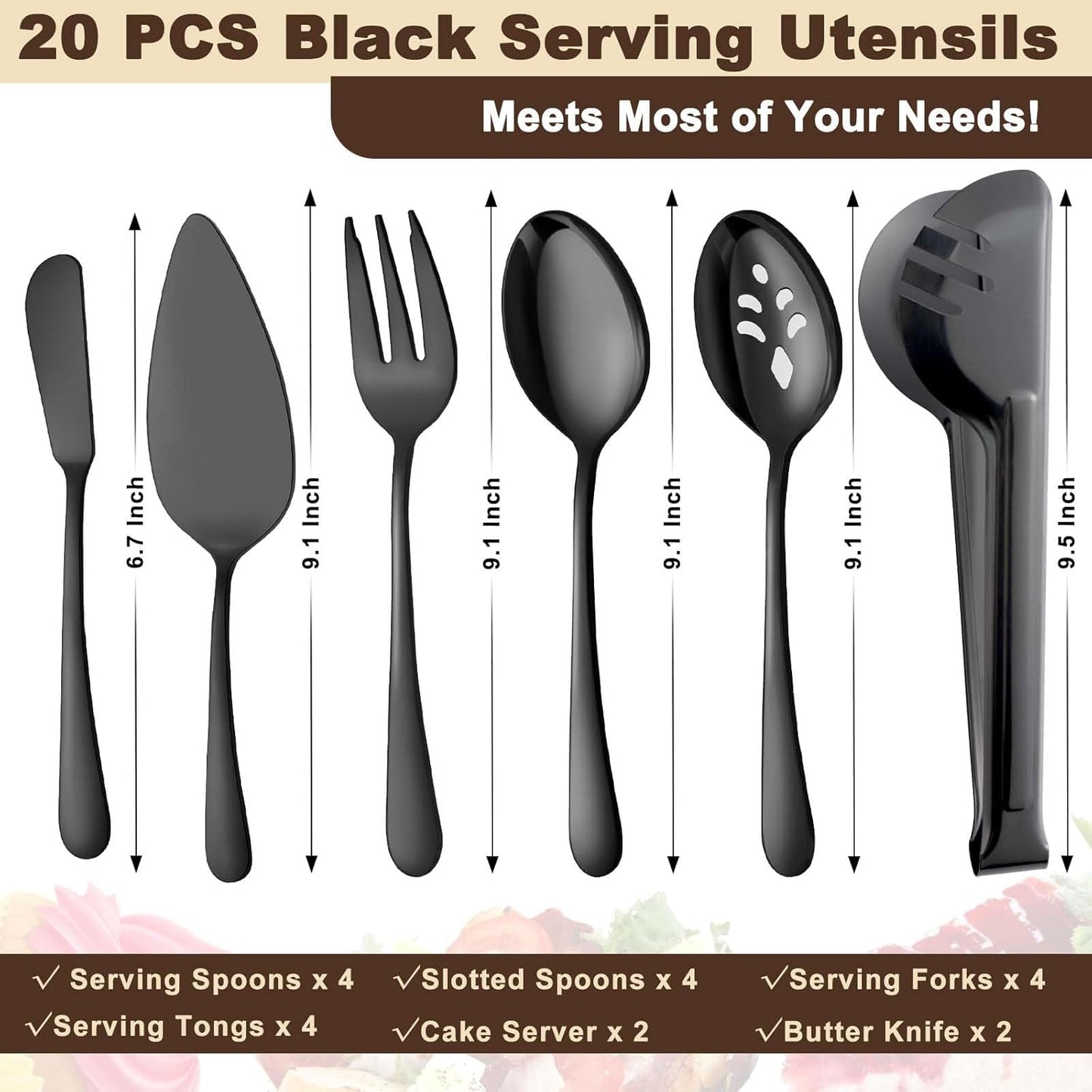 BEWOS Black 20-Piece Serving Set, Black Slotted Spoons & Tongs, Forks, Cake Server & Butter Knife, Stainless Steel, Dishwasher Safe