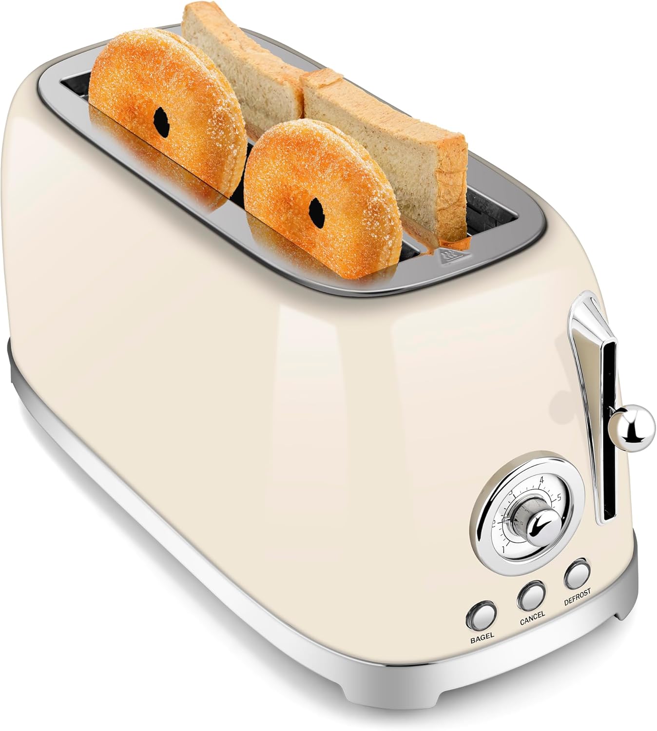 SUSTEAS Toaster 4 Slice Wide Slot, Stainless Steel Bread Bagel Toasters, Retro Long Slot Tostadora for Defrost, Reheat, Removable Crumb Tray, 1500W, 6 Browning Settings, Beige