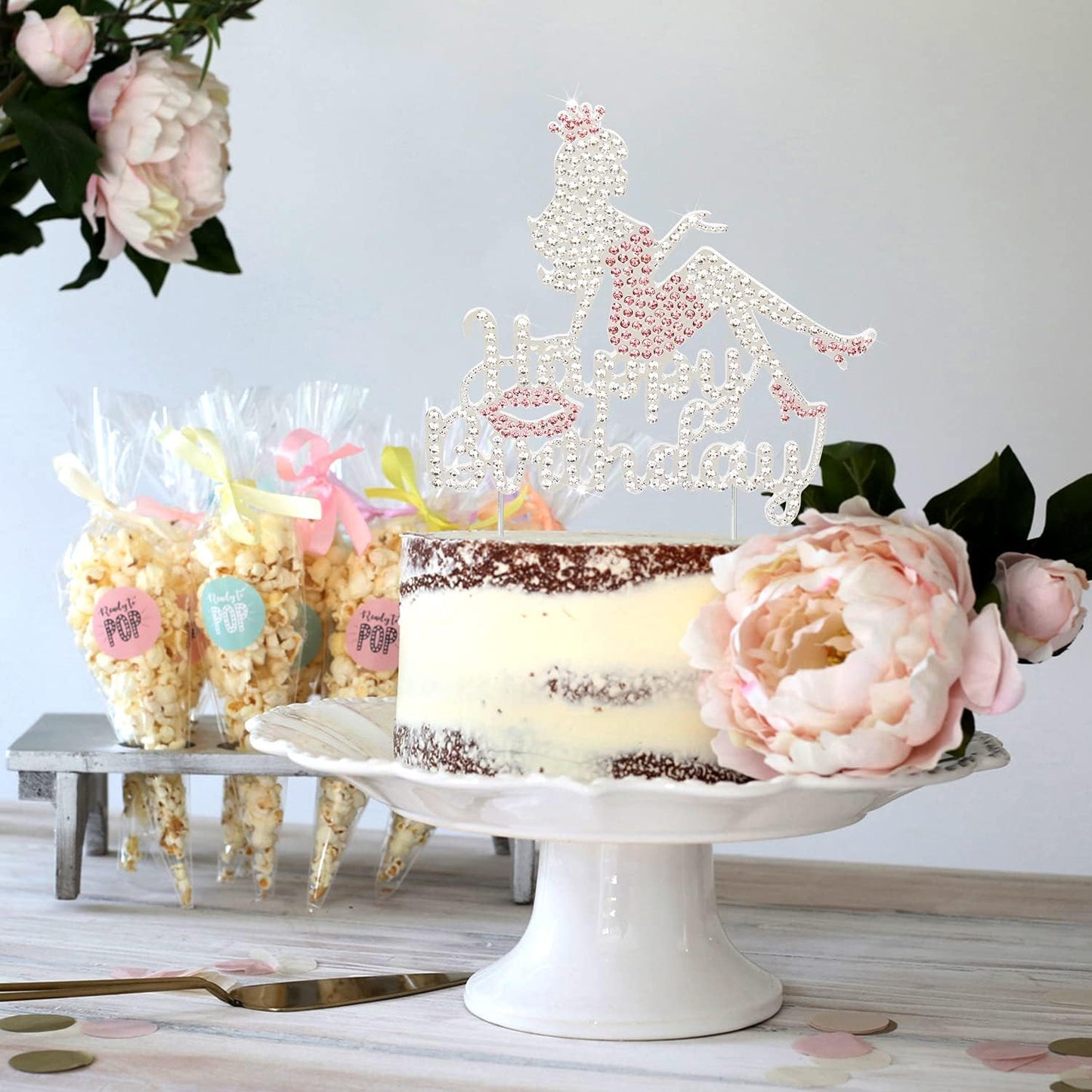 LINGTEER Happy Birthday Crown Queen Lady Rhinestone Cake Topper - Cheers to Makeup Spa Birthday Party Cake Centerpieces Decorations Gift Sign - Pink.