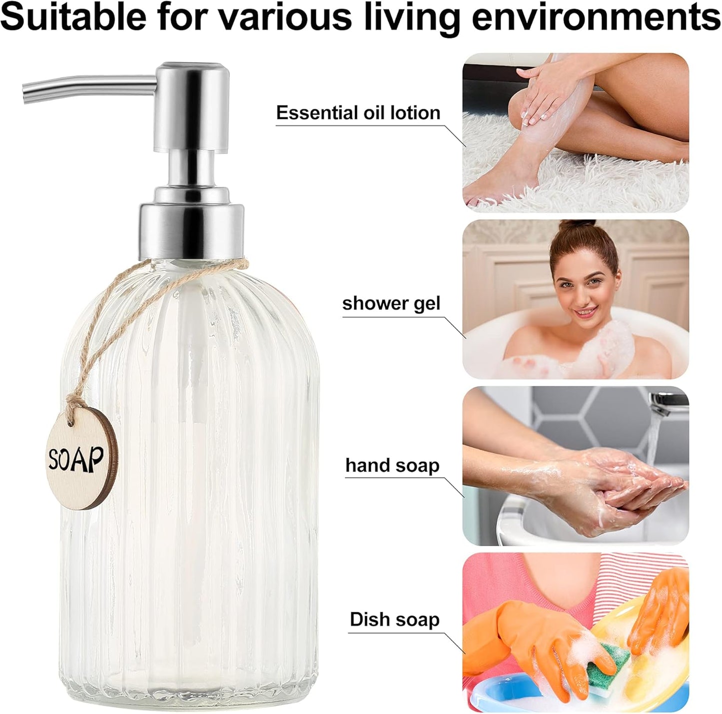 16 OZ Soap Dispenser，Tempered Glass Clear Vertical Stripe with 304 Rust Proof Stainless Steel Pump Refillable Liquid Hand Soap Dispenser，for Bathroom, Kitchen, Dish Soap，Lotion (Clear)