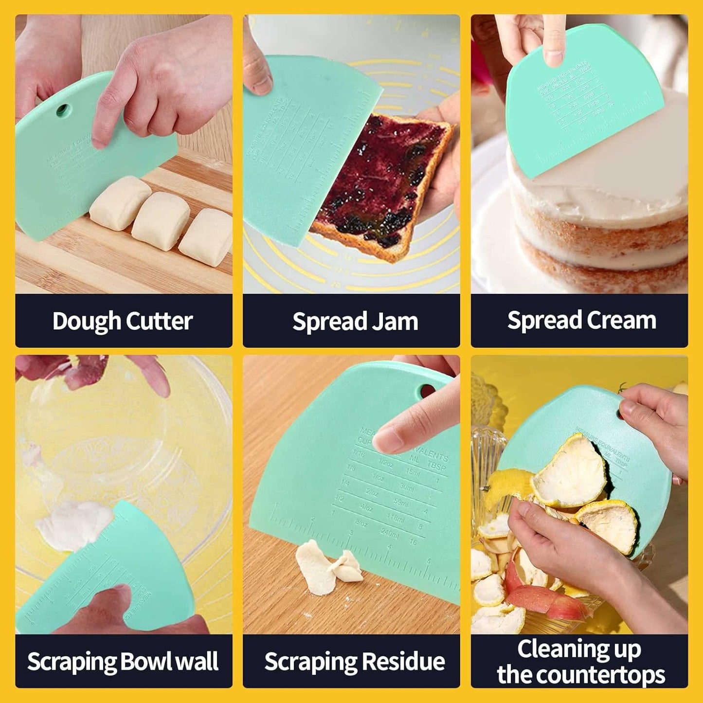 YGDZ Dough Scraper 2 PCS, Stainless Steel Bench Scraper With Grip, Plastic Dough Cutter with Measuring Scale, Multipurpose Pizza Cutter, Pastry Scraper, Bread Scraper for Baking, Dough, Cake