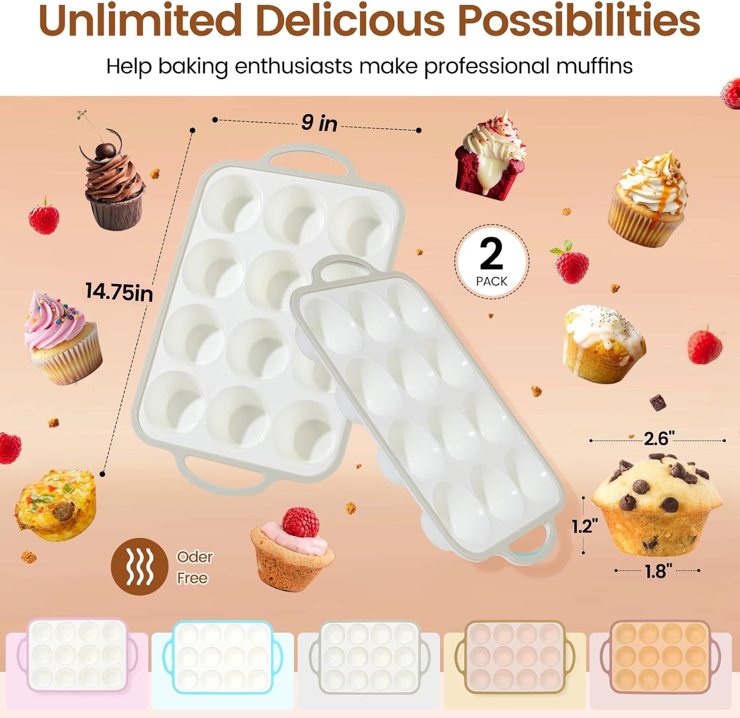 Silicone Muffin Pans for Baking 2 Pack, 2.6 Inch with Metal Reinforced Frame, Regular Size Nonstick Cupcake Pan 12 Cups for Baking Homemade Muffins, Dishwasher Safe BPA Free-Grey