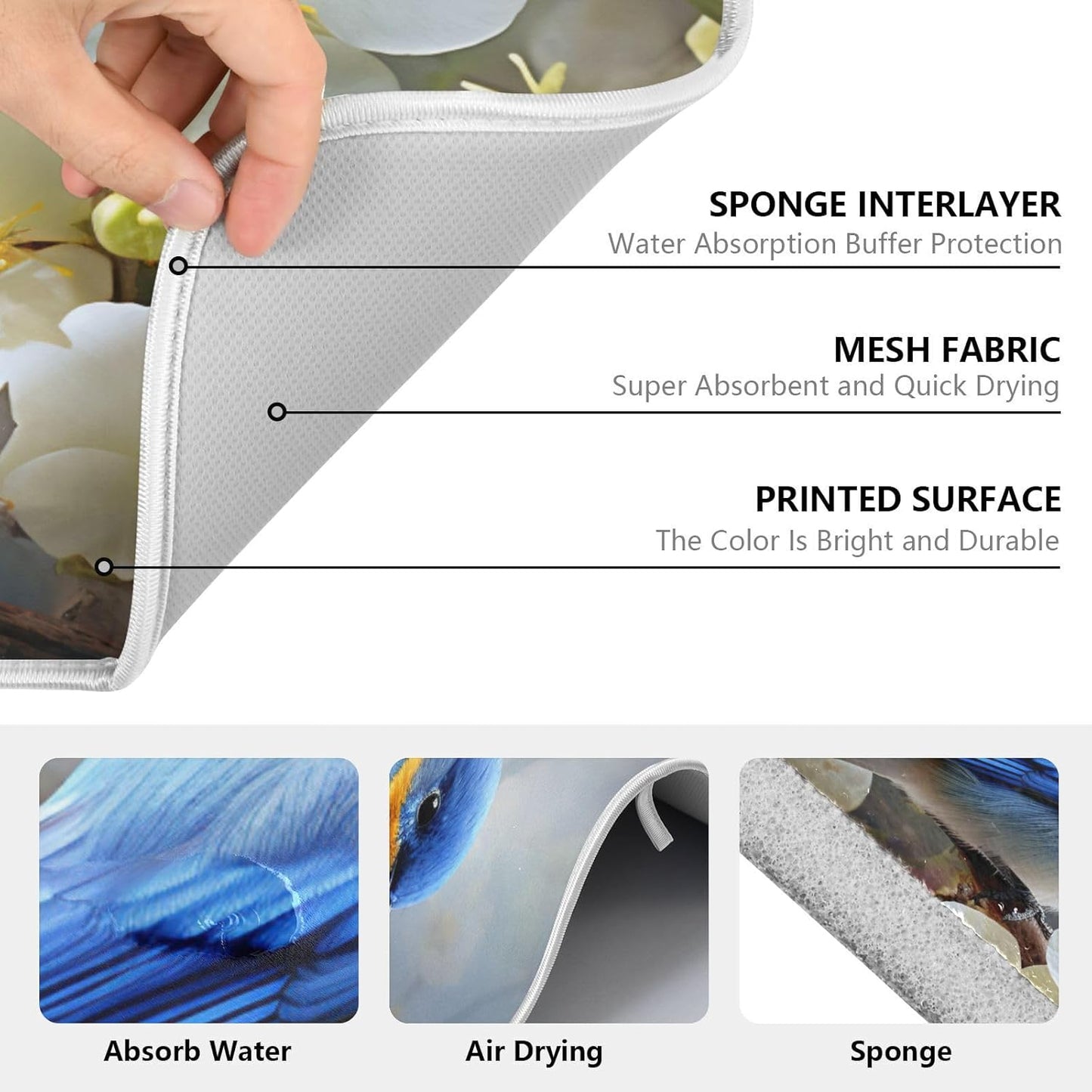 Spring Blue Yellow Flower Bluebird Butterflies Dish Drying Mat for Kitchen Counter Absorbent Microfiber Large Drying Pad Dish mats for Kitchen Countertops 18 x 24 Inch