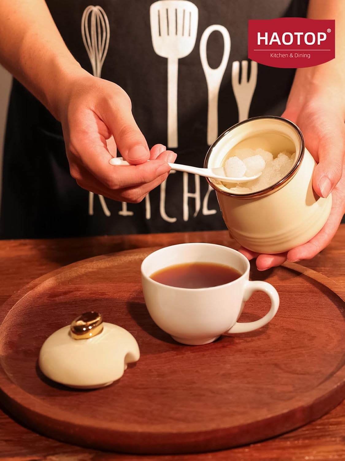 HAOTOP 12oz Sugar Bowl with Lid and Spoon,Simple Ceramic Sugar Jar Sugar Container Sugar Dispenser Coffee Bar Accessories, Modern Kitchen Countertop Canisters, Beige